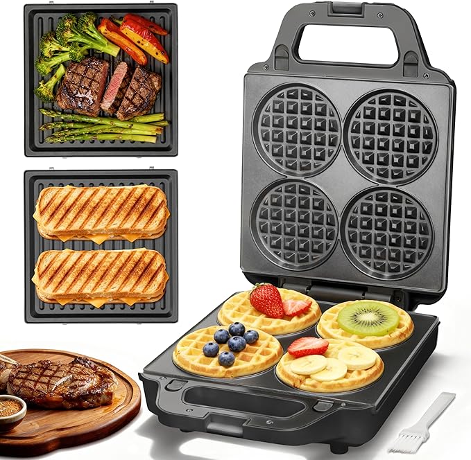 SugarWhisk 2 in 1 Mini Waffle Maker with Removable Plates, Panini Press Sandwich Maker, Sandwich Press, Waflera Electrica, Sandwichera Electrica, 4 X 4 Inch Classic Waffle Maker for Kids, Graphite