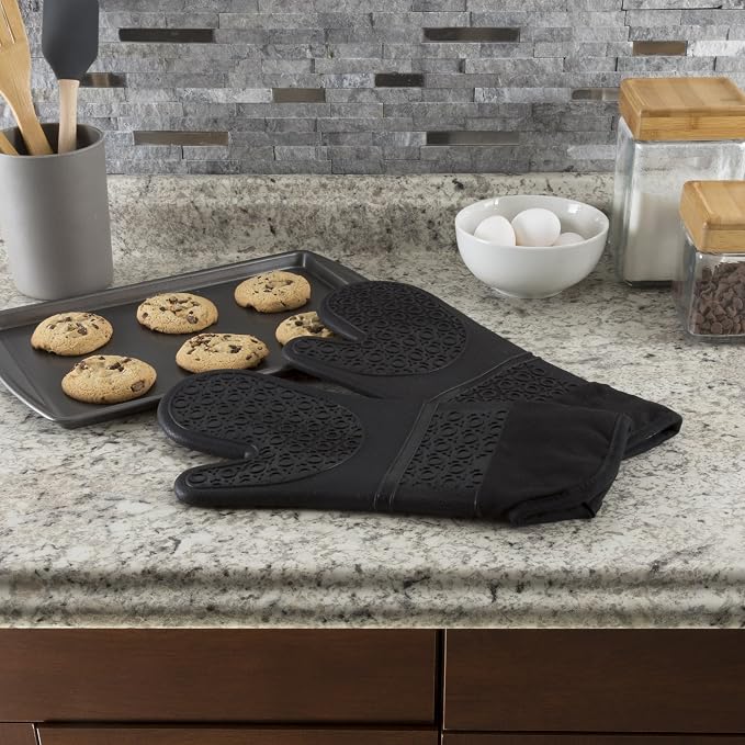Silicone Oven Mitts – Extra Long Professional Quality Heat Resistant with Quilted Lining and 2-sided Textured Grip – 1 pair Black by Bedford Home
