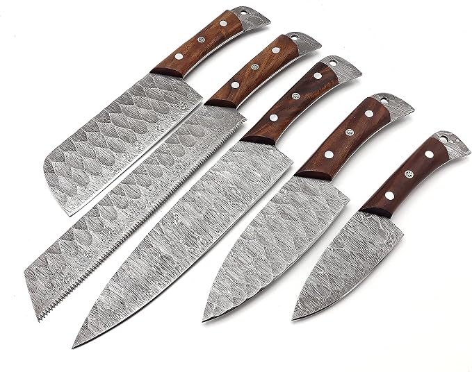 Nooraki Kitchen Handmade Damascus Knife Set 5 Pieces Full Tang Rosewood Handle, Chef, Butcher, Bread, Paring, Skinning Knives Set Everyday Use With Leather Bag