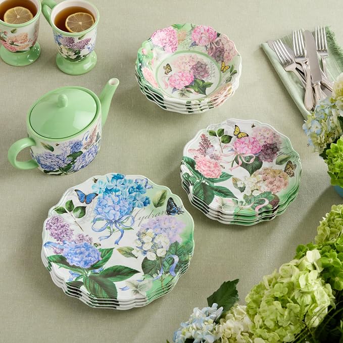 Garden Path Melamine 12-Piece Dinnerware Set - Hydrangea Design, Service for 4 with Dinner Plates, Salad Plates, and Bowls - Durable, Lightweight, and Dishwasher-Safe