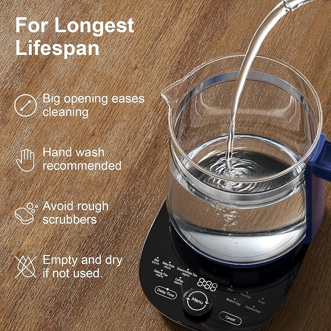 Electric Kettle, 1.5L Borosilicate Glass Hot Water Kettle Electric & Tea Kettle for Coffee or Tea, BPA Free, Auto Shut-Off, Stainless Steel, Blue, 1200w