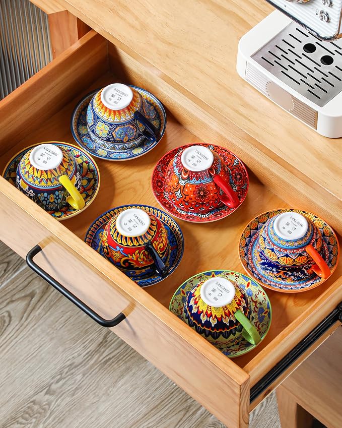 vancasso 8oz Cappuccino Cups with Saucers, Bohemian Coffee Cup for Latte, Espresso, Tea Porcelain Tea Cups and Saucers Set of 6 Teacup Microwave & Dishwasher Safe
