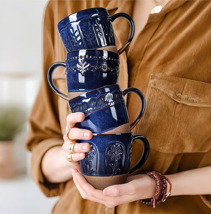 Artena Ceramic Coffee Mugs Set of 4, 16oz Embossed Large Latte Mugs Coffee Cups with Handle for Tea, Latte, Cappuccino & Cocoa, Milk Dishwasher & Microwave Safe, Blue (Pinwheel Flower)