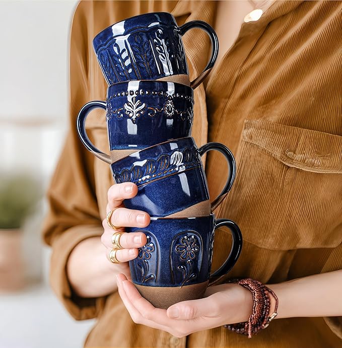 Artena Ceramic Coffee Mugs Set of 4, 16oz Embossed Large Latte Mugs Coffee Cups with Handle for Tea, Latte, Cappuccino & Cocoa, Milk Dishwasher & Microwave Safe, Blue (Multiple Patterns)