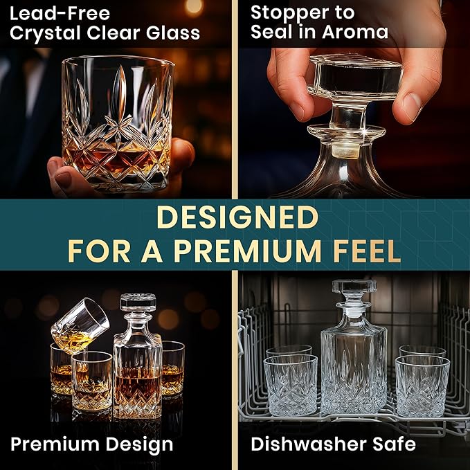Whiskey Decanter Set by Royal Reserve - Crystal Liquor Bourbon Decanter 24oz 700ml with 4 Glasses in Magnetic Box - Gifts for Men