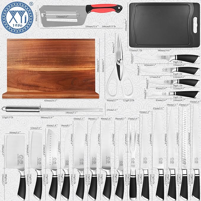 XYJ Knife Block Set, Stainless Steel Kitchen Knives Set with Magnetic Knife Holder, Fork, Cutting Board, Honing Steel, Scissors, Peeler, Cut Resistant Gloves, Japanese Style Slicing Chef Knives
