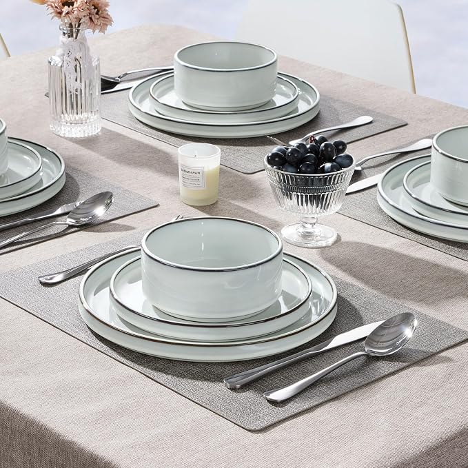 Herogo 12 Pieces Stoneware Dinnerware Set for 4, Ceramic Dinner Dishware Sets for Home Kitchen, Plates and Bowls with Rustic Terracotta Bottom, Dishwasher & Microwave Safe, Icy White