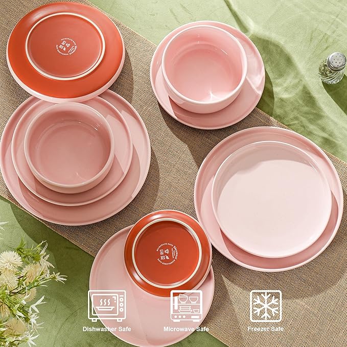 12 Piece Ceramic Plates and Bowls Sets for 4, Elegant Pink | Stoneware Dinnerware Set, Dishwasher & Microwave Safe, Handcrafted, Perfect for Family and Gatherings