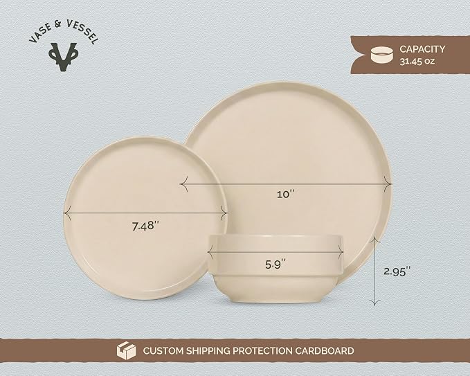 Vase and Vessel Ceramic Dinnerware Set, 12-Piece Service for 4, Soup Bowls (25 oz), Salad Plates (7.5"), Dinner Plates (10"), Round, Microwave and Dishwasher Safe, Sand, Cambridge Classics