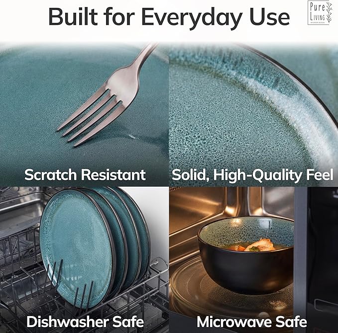 24 Piece Stoneware Dinnerware Set for 6 - Handmade Reactive Glaze Plates and Bowls Set - Chip & Scratch Resistant Dish Set - Dishwasher Microwave Safe - Dark Petrol Blue