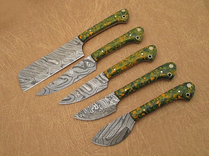 Custom made hand forged Damascus steel full tang blade kitchen knife set, Overall 40 inches Length of Damascus sharp knives (10.6+9.6+9.0+8.0+7.6) Inches, Leather suede sheath (Camouflage Green)