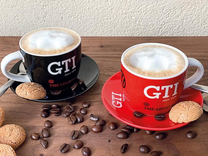 BRISA VW Collection - Volkswagen Espresso Cups Coffee-Tea-Cappuccino Set in GTI Design (The Legend/Red & Black/2-Piece Set/100ml/3.4 fl oz)