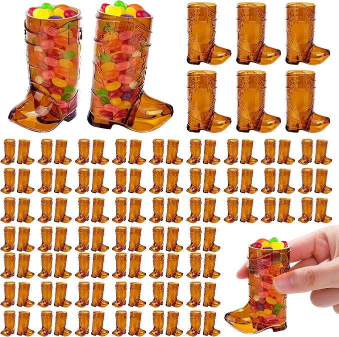 Aodaer 144 Pieces 1 OZ Brown Cowboy Boot Shot Glass Mini Plastic Boot Shot Cups Western Cowboy Glasses Reusable Beer Mugs for Cowgirl Party Decorations Birthday Bachelorette Party Favors