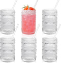 KMIGRUAN Hobnail Drinking Glasses with Straws 15oz Vintage Glassware Set of 6 Embossed Vintage Water Cups, Highball Glasses for Cocktail,Whiskey,Beer and Juic