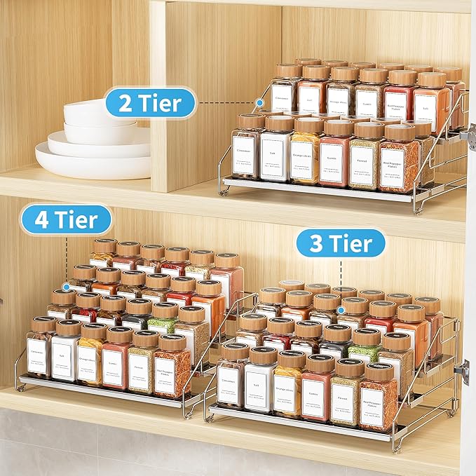 BOIVSHI Spice Organizer, 4 Tier Spice Rack Organizer for Cabinet, Adjustable Depth Spice Shelf for Countertop, Heavy Duty Seasoning Organizer for Cabinet, Counter, Pantry, Cupboard - Chrome,1 Pack