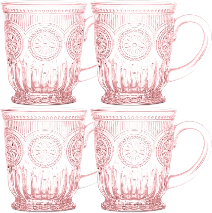 Pink Glass Coffee Mugs Set of 4 – 10oz Aesthetic Pink Glass Mug Set, Real colored glass that is 100% Dishwasher Safe and Lead-Free, think Vintage Tea Cups vibes