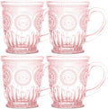 Pink Glass Coffee Mugs Set of 4 – 10oz Aesthetic Pink Glass Mug Set, Real colored glass that is 100% Dishwasher Safe and Lead-Free, think Vintage Tea Cups vibes