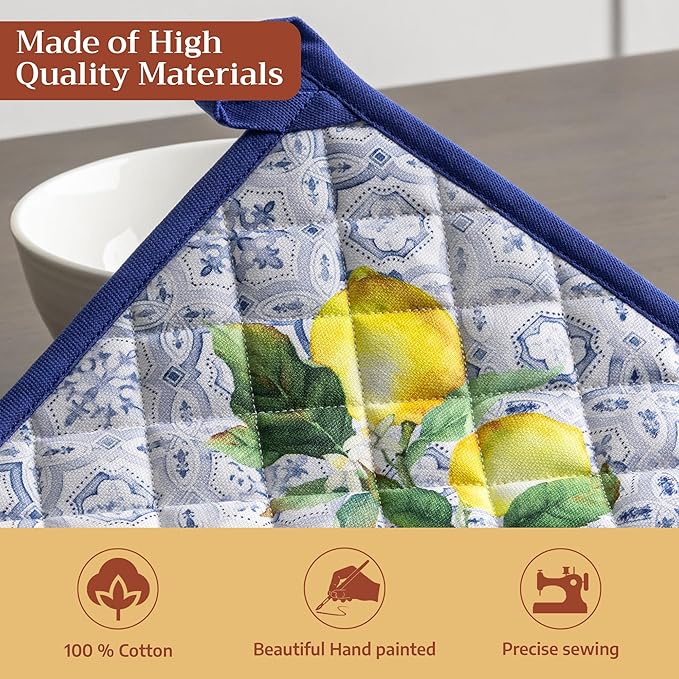 Maison d' Hermine Pot Holders 100% Cotton Heat Resistant Potholders 8" x 8" Hot Pads with Loop BBQ Cooking Baking Gifts for Mothers Day Handling Hot Pans Spring/Summer (Pack of 1, Citrus)