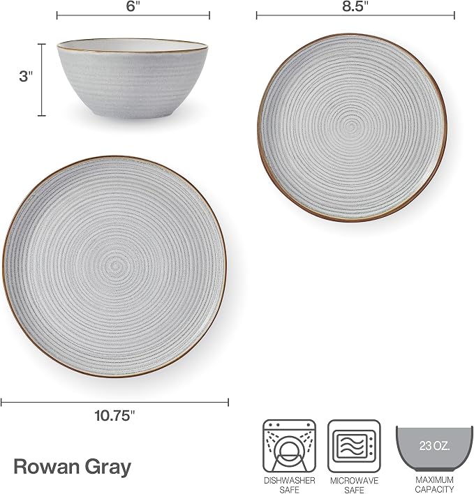 Pfaltzgraff Rowan Gray 12 Piece Plate Bowl Dinnerware Set, Service for 4