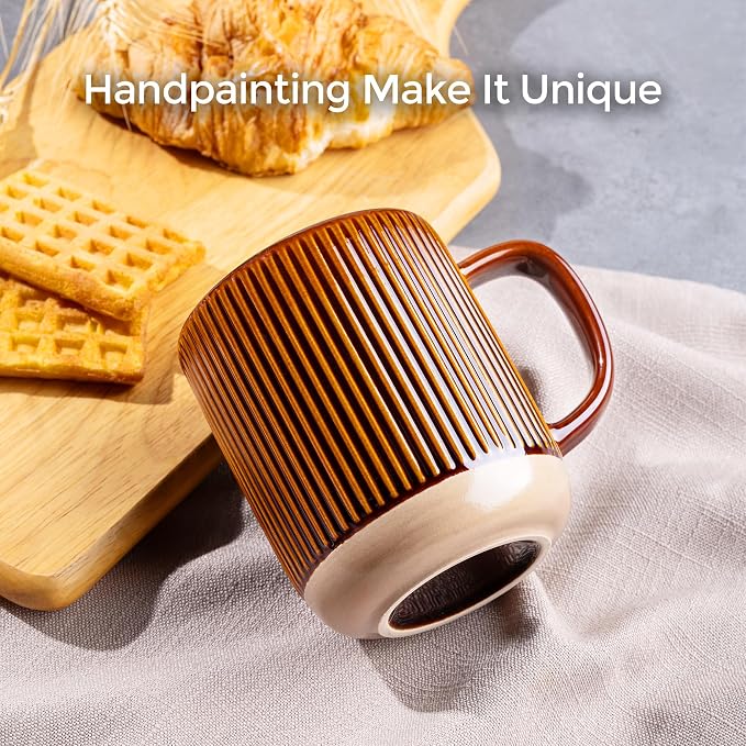 GBhome 12oz Coffee Mugs Set of 4, Handmade Stoneware Coffee Mugs Set with Large Handle for Cappuccino/Latte/Tea/Hot Cocoa, Dishwasher & Microwave Safe, Caramel