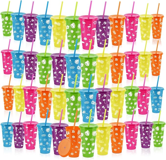 Kochorie 48 Pieces 24 oz Hawaiian Party Cups Luau Tumbler Cups with Straw and Lid 6 Design Reusable Plastic Travel Mug Cup for Hawaiia Party Favors, Luau Party, Tiki Party