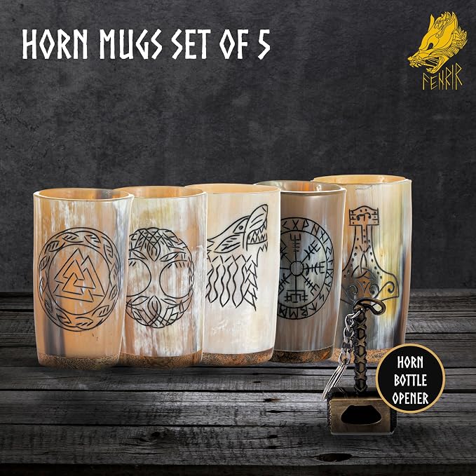 FENRIR Viking Drinking Horn Mug Set of 5 – Gifts for Men, Dad, Husband – Unique Viking Gift – Natural Ox Horn Cup with Thor Bottle Opener – For Beer, Ale, Mead (10 oz/Glass)