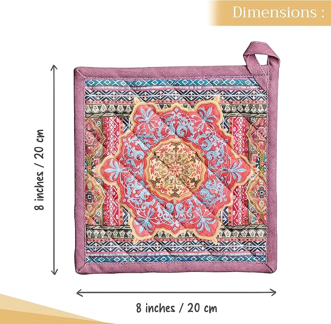 Maison d' Hermine Pot Holders 100% Cotton Heat Resistant Potholders 8" x 8" Hot Pads with Loop for Thanksgiving Christmas Decorations BBQ Cooking Baking Handling Hot Pans (Pack of 1, Ispahan)