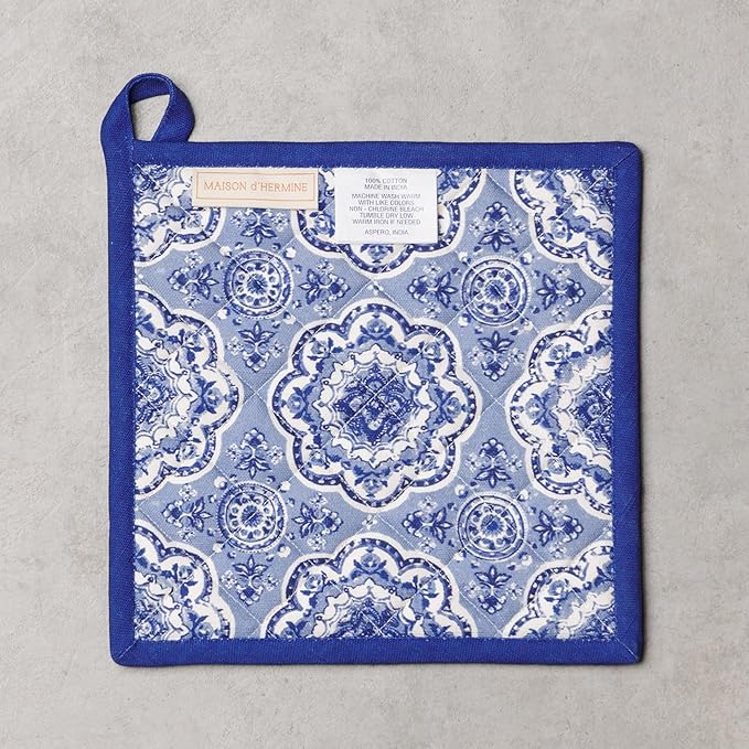 Maison d' Hermine Pot Holders 100% Cotton Heat Resistant Potholders 8" x 8" Hot Pads with Loop BBQ Cooking Baking Gifts for Mothers Day Handling Hot Pans Spring/Summer (Pack of 1, Melodie Bleue)