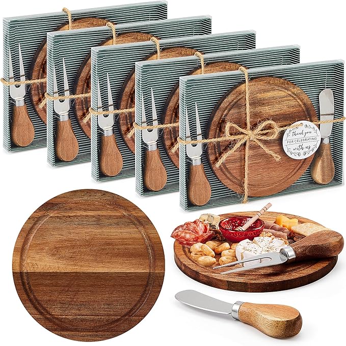 Maxcheck 5 Sets Baby Shower Bridal Game Prizes for Winners Round Cheese Board Set Wood Mini Charcuterie Board with Knives and Forks Thank You Card with Gift Box for Guests Wedding (Acacia)