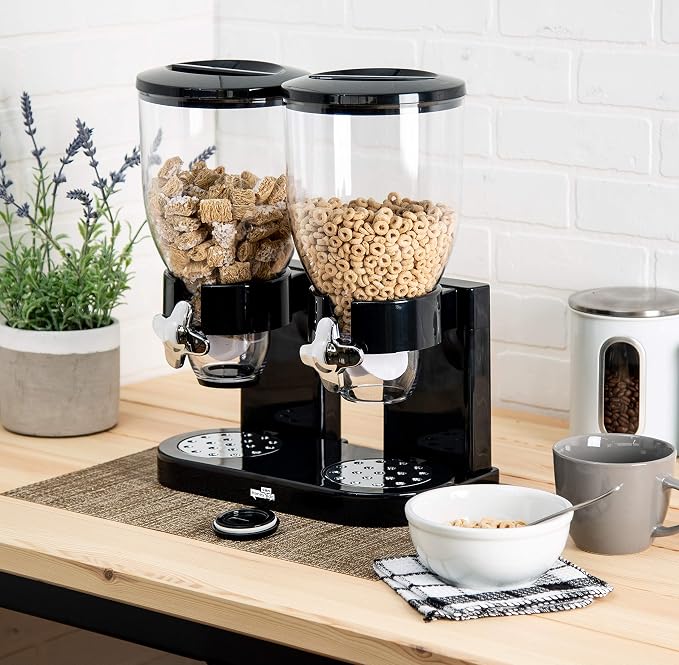 Honey-Can-Do Zevro Dual Dry Food Dispenser – Countertop Cereal Dispenser with Portion Control, 17.5 oz Per Canister, Airtight BPA-Free Snack Dispenser for Kitchen Organization, Black/Chrome