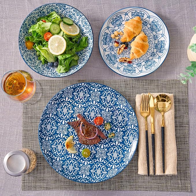 Bestone Porcelain Dinnerware Sets Service for 4, 12 pcs Hand drawn Plates and Bowls Sets, Handmade Ceramic Dish Set, Chip Resistant Modern Plate Set, Dishwasher/Microwave Safe，Vintage Blue