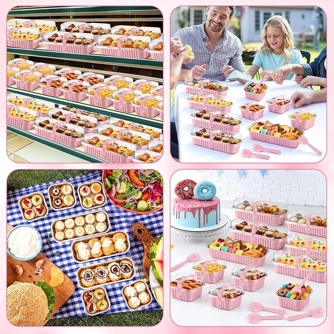 LemonRoad 120 Sets Mini Loaf Pan with Lids and Spoons 6.8oz Rectangular Aluminum Foil Bread Pan 5oz Square Cake Cup with Decal Disposable Baking Supply for Graduate Wedding Birthday (Pink)