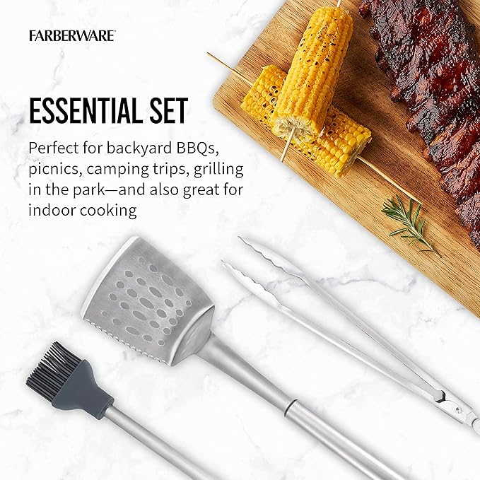 Farberware BBQ Stainless Steel Tool Set, 3 Piece, Stainless Set