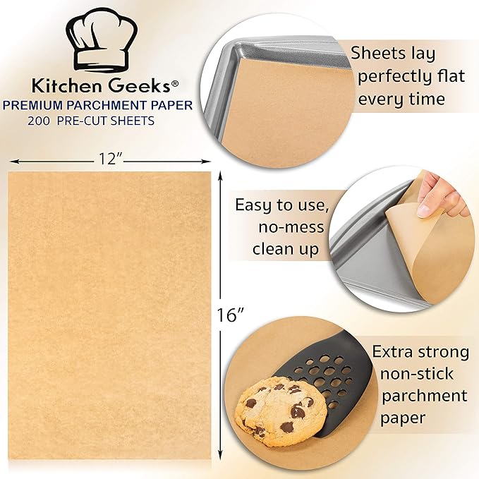 Parchment Paper Baking Sheets Unbleached Non-Stick Precut 12x16 Inches Will Not Curl Pack of 200