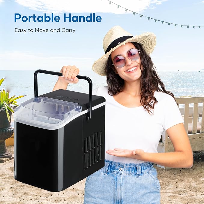 Simple Deluxe Portable Countertop Ice Maker Machine, Makes 9 Bullet Ice Cubes in 6 Minutes, 26.5Lbs Daily Output, Self-Cleaning with Scoop, Basket & Handle for Office, Party & Kitchen, Black