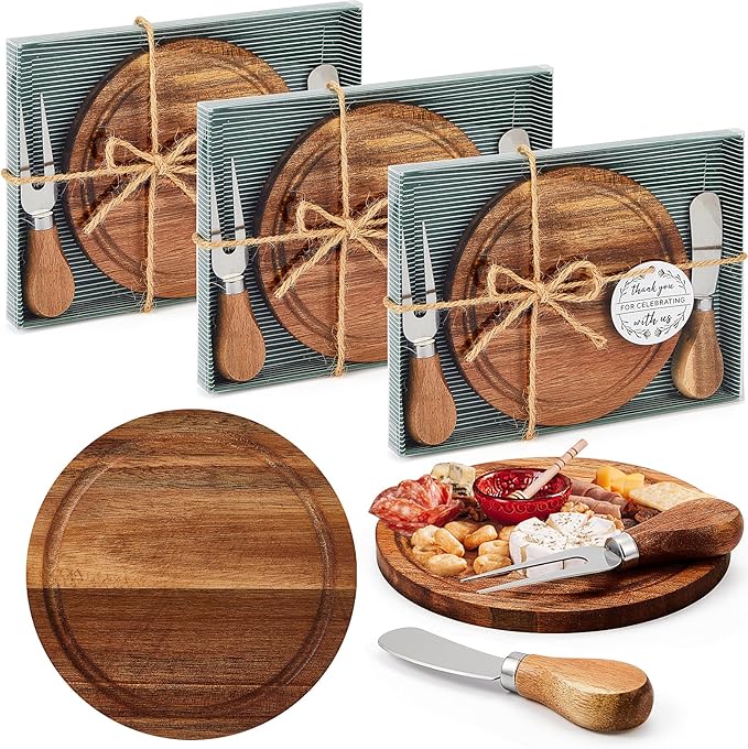 Maxcheck 3 Sets Baby Shower Bridal Game Prizes for Winners Round Cheese Board Set Wood Mini Charcuterie Board with Knives and Forks Thank You Card with Gift Box for Guests Wedding (Acacia)