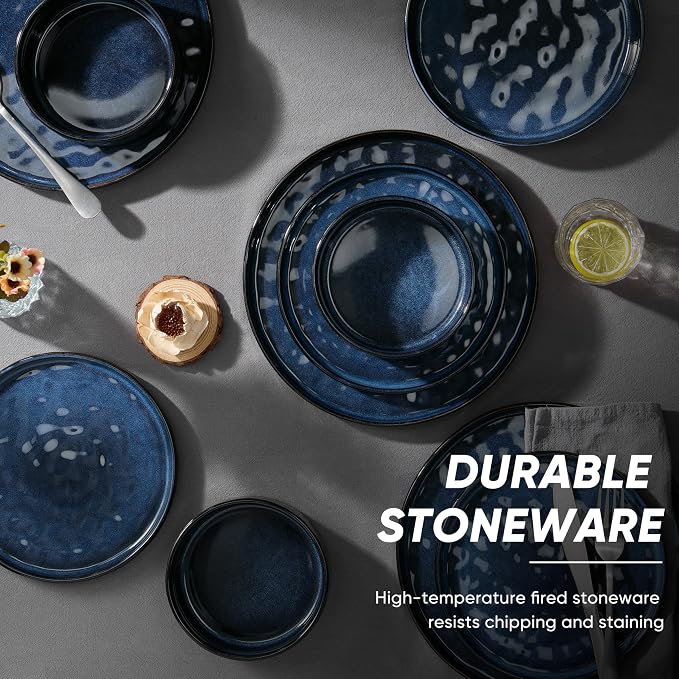 E-far 24-Piece Plates and Bowls Sets with Pasta Bowls - Stoneware Dinnerware Set for 6, Modern Ribbed Dishes, Microwave & Dishwasher Safe, Starry Blue