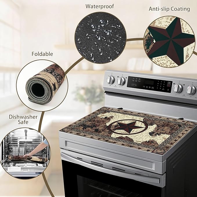 Farmhouse Western Stove Top Covers for Electric Stove 20x28 Inch Farmhouse Heat Resistant Glass Top Stove Cover Washable Foldable Cooktop Protector