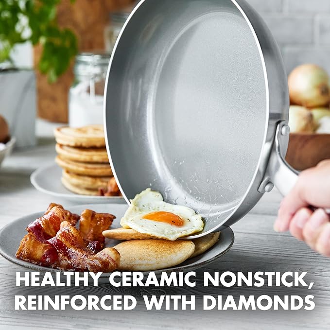 GreenPan Chatham Tri-Ply Stainless Steel 3-Piece Frying Pan Set, 8", 9.5", 11", PFAS-Free, Induction, Ceramic Nonstick Coating, Durable Cookware for Searing Sautéing & Frying, Oven & Dishwasher Safe