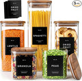 EDELHAUS Glass Storage Containers with Lids - Canister for Pantry Food | Acacia Lids Black Labels Set of 5 - cereal flour sugar rice coffee tea spice pasta noodles dry goods 54 pre-printed labels