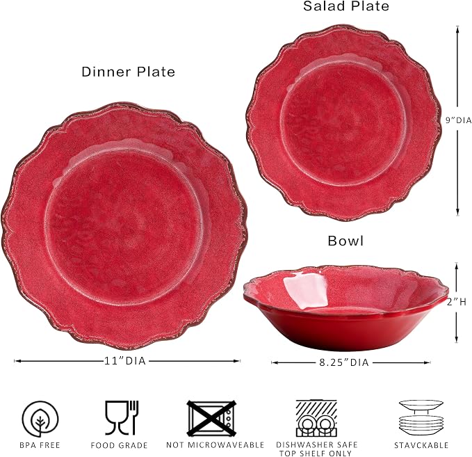 LEHAHA Luxury 12 Piece 100% Melamine Dinnerware Sets, Rustic Scalloped rim Bowls and Dinner/Dessert Plates set, Spring Camping dishes indoor and outdoor use, Service for 4, Christmas Red