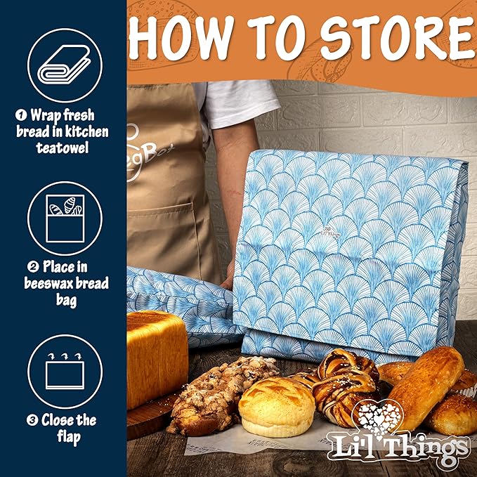Sourdough Bread Bag – Reusable Beeswax Bread Storage Bags 2.0 (2 Sizes) for Homemade & Artisan Loaves, Cotton-Lined Bread Keeper, Plastic-Free Kitchen Storage – Seashell Serenade