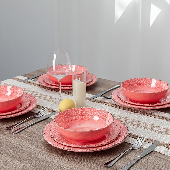 12-Piece Farmhouse Melamine Dinnerware Set, Elegant Unbreakable plates and bowls sets, BPA Free Dinner Dishes serving Set, Service for 4, Perfect for Indoor/Outdoor Dining, Peach pink Red