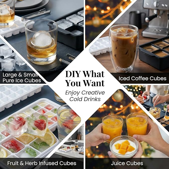 Ice Cube Tray with Lid and Bin, Ice Trays for Freezer with 40 Cubes, Easy-Release Silicone Ice Cube Molds, Stackable Ice Bucket Kits with Stainless Steel Ice Tongs for Drinks, Coffee, Cocktail