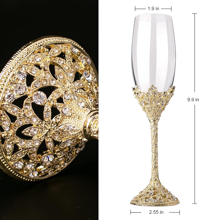 Gold Champagne Flutes - Crystal Glass Metal Base With Crystal Stones, Set of 2 Toasting Flute Pair, Wedding Anniversary Party Birthday Banquets and Gifts for Bride and Groom (Gold)