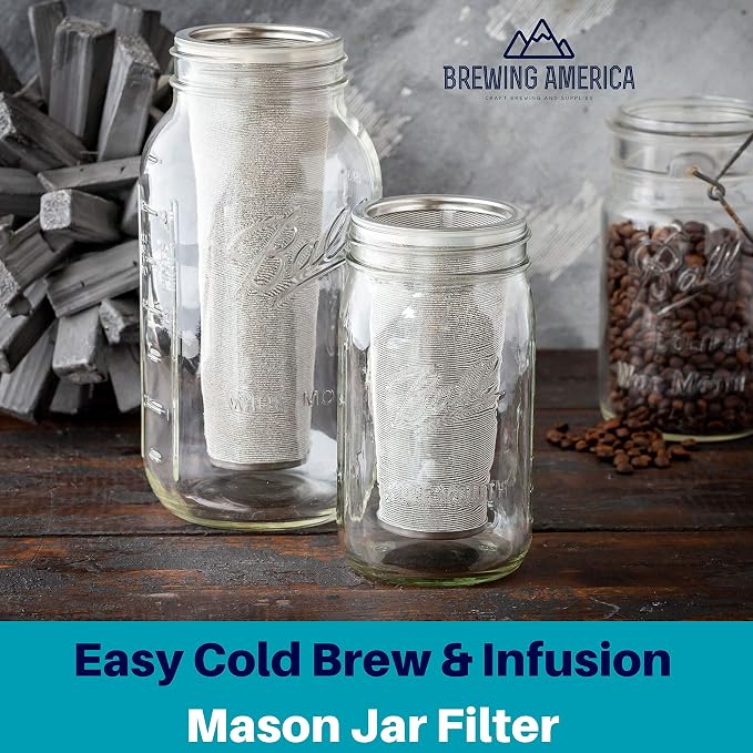 Cold Brew Filter for Mason Jar Wide Mouth Coffee Maker, UPGRADED Stainless Steel Mesh with Silicone Seals 2 Quart (64 Ounces)