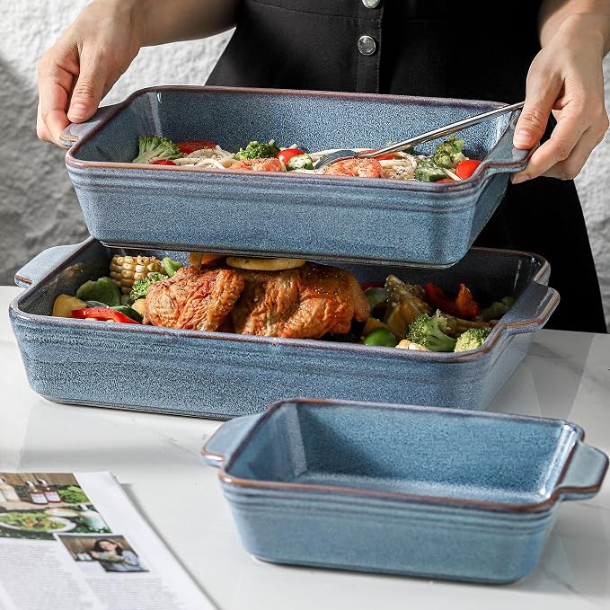 HVH 9x13 Baking Dish Set, Large Casserole Dishes for Oven, Ceramic Bakeware Set of 3, Rectangular Lasagne Pan Deep for Baking (Wabi sabi)
