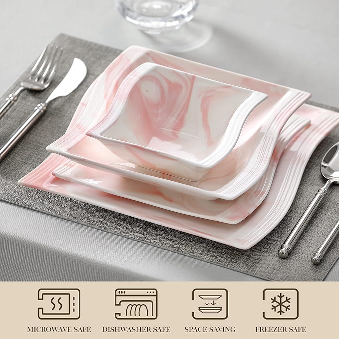 MALACASA Plates and Bowls Sets, 26 Pieces Pink Dinnerware Sets for 6, Porcelain Dinnerware Set with Dinner Plates and Bowls, Serving Platters, Square Dishware Sets, Modern Dish Set, Series Flora