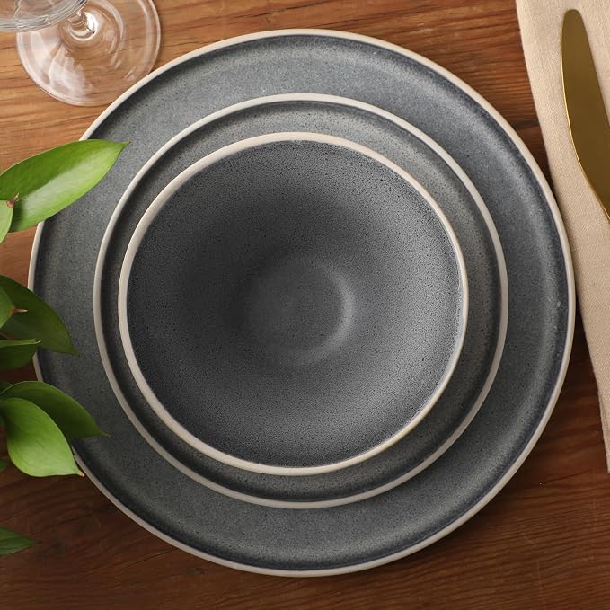 Gibson Elite Coastal Forest Plates and Bowls Sets, 12-Piece Stoneware Dinnerware Sets, Triple Reactive Glaze Dish Set - Grey and Cream White