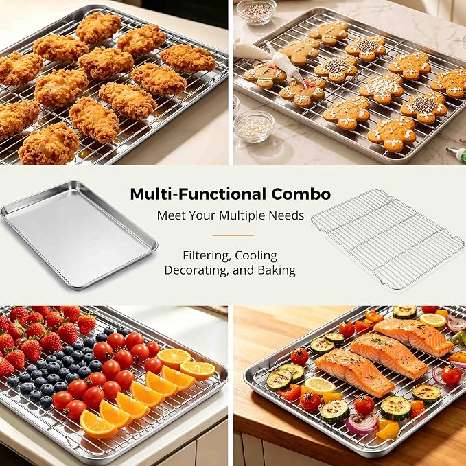 Onader Baking Cookie Sheet with Cooling Rack, 19⅝ x 13¾ Inch Stainless Steel Large Baking Sheet Pan with Wire Rack Set for Oven, Nonstick & 1 Inch Deep, 1 Pan + 1 Rack